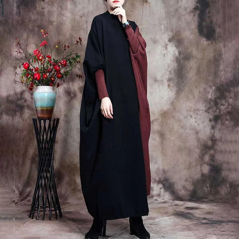 Retro Contrast Color Loose Bat Sleeve Women'S Sweater Dress