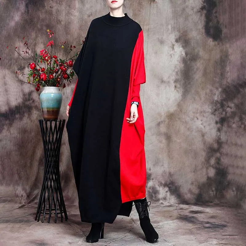 Retro Contrast Color Loose Bat Sleeve Women'S Sweater Dress