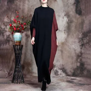 Retro Contrast Color Loose Bat Sleeve Women'S Sweater Dress