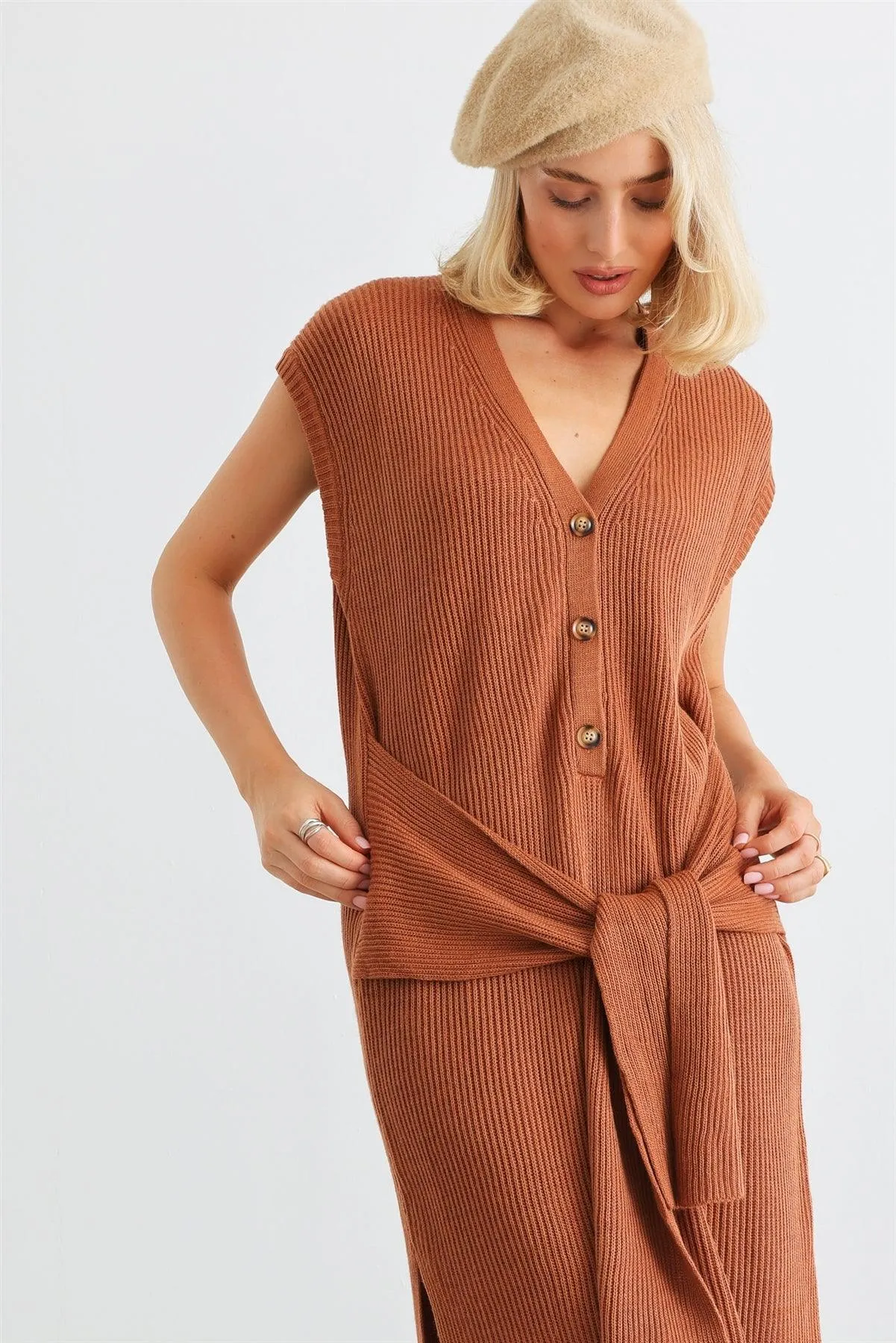 Rust Knit Button-Up Sleeveless Belted Midi Sweater Dress /3-2-1