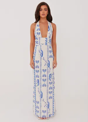 Sky Linen Maxi Dress - Floral Wave