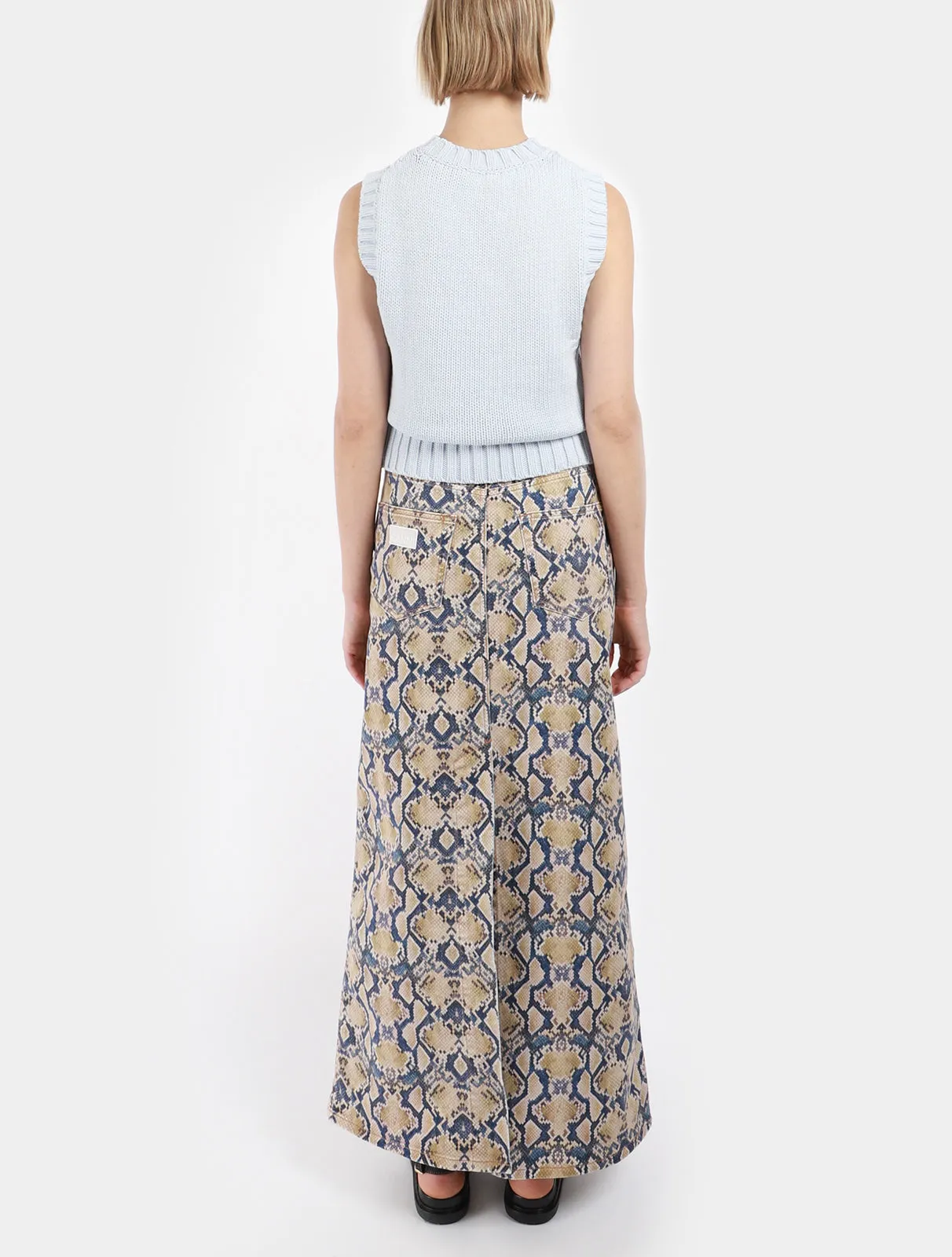 Snakeskin Print Denim Maxi Slit Skirt