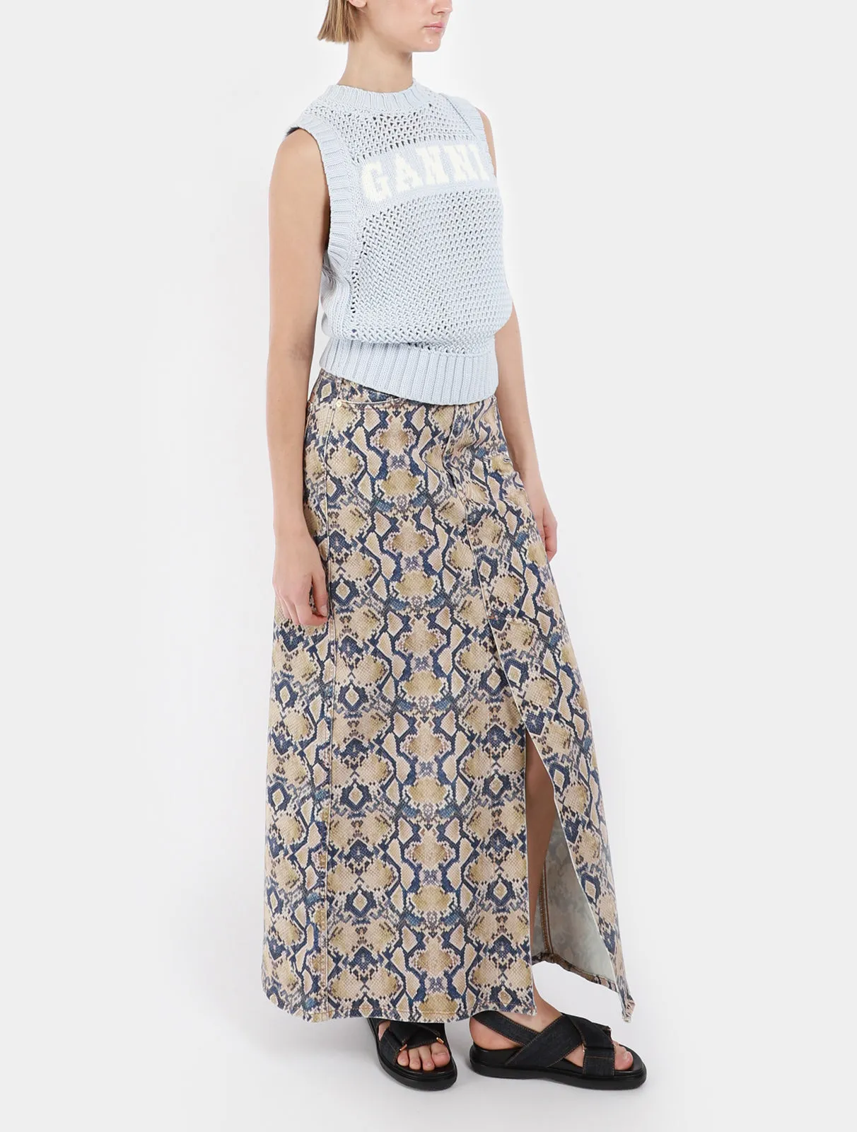 Snakeskin Print Denim Maxi Slit Skirt