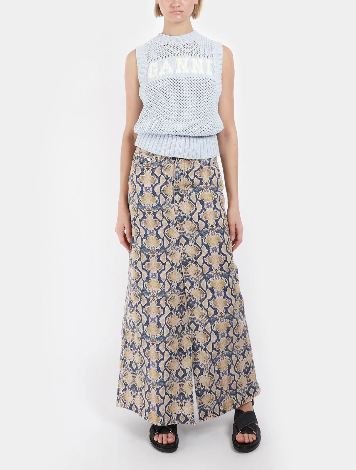 Snakeskin Print Denim Maxi Slit Skirt