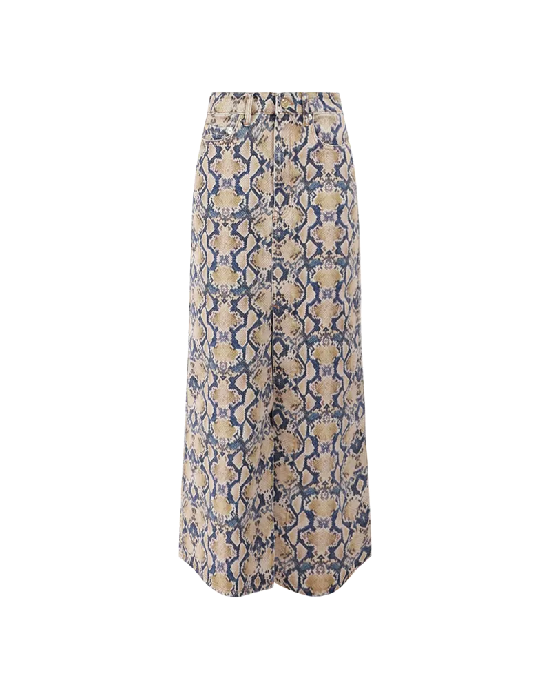 Snakeskin Print Denim Maxi Slit Skirt