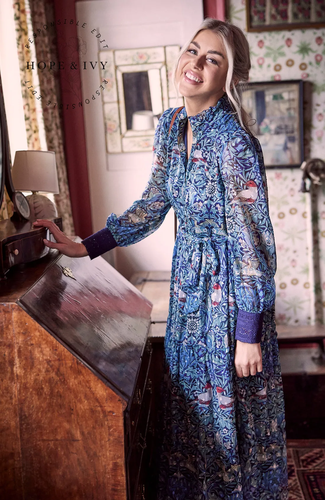 The Emery Button Front Tie Waist Maxi Dress (Blue)
