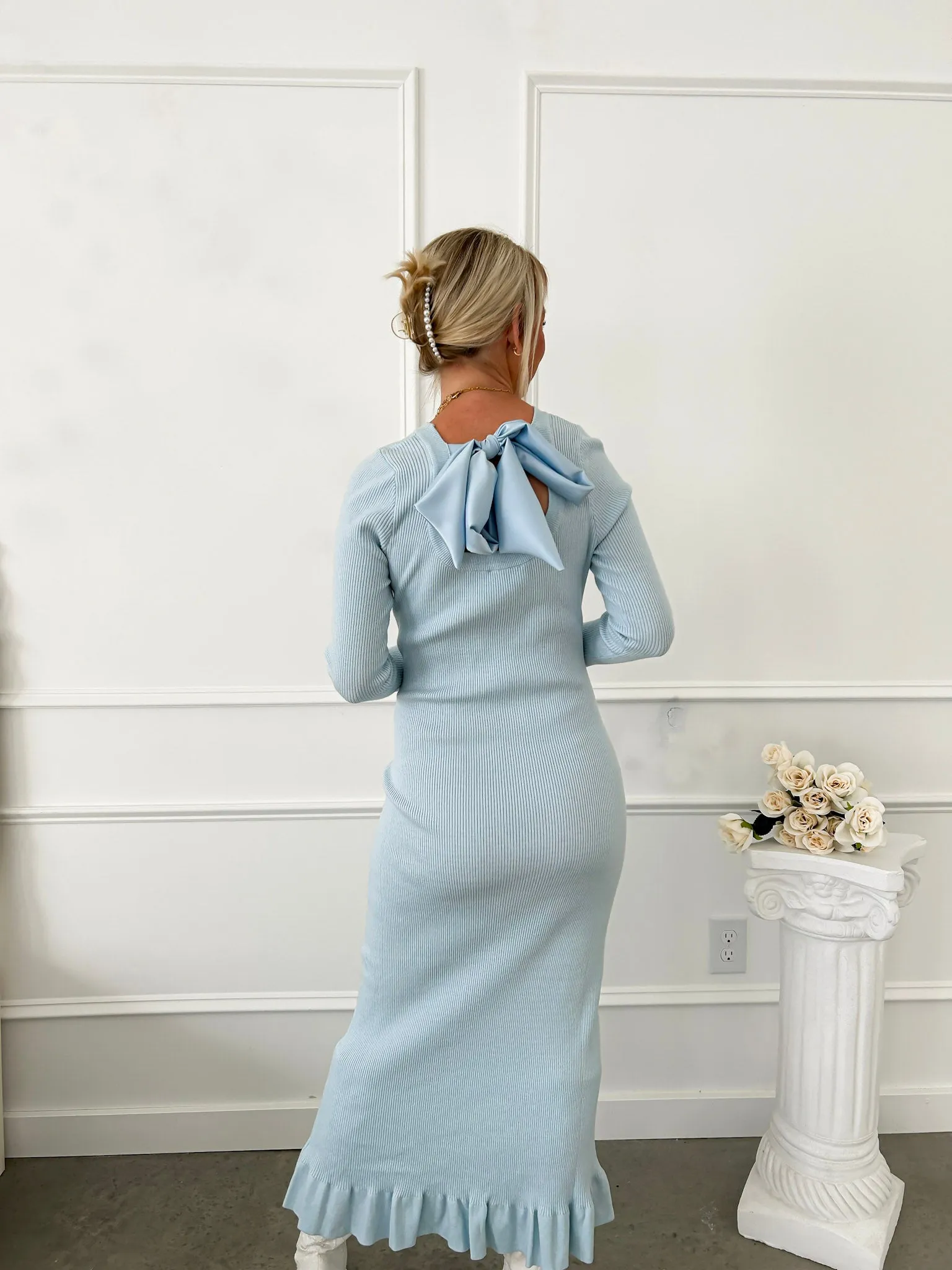 Tied To Perfection Blue Bow Sweater Midi Dress