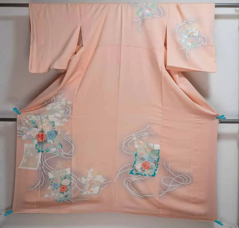Unique Pink Flowers in Scrolls Yuzen Hand Painted Homongi Silk Flowers Fading Shading Multicolored