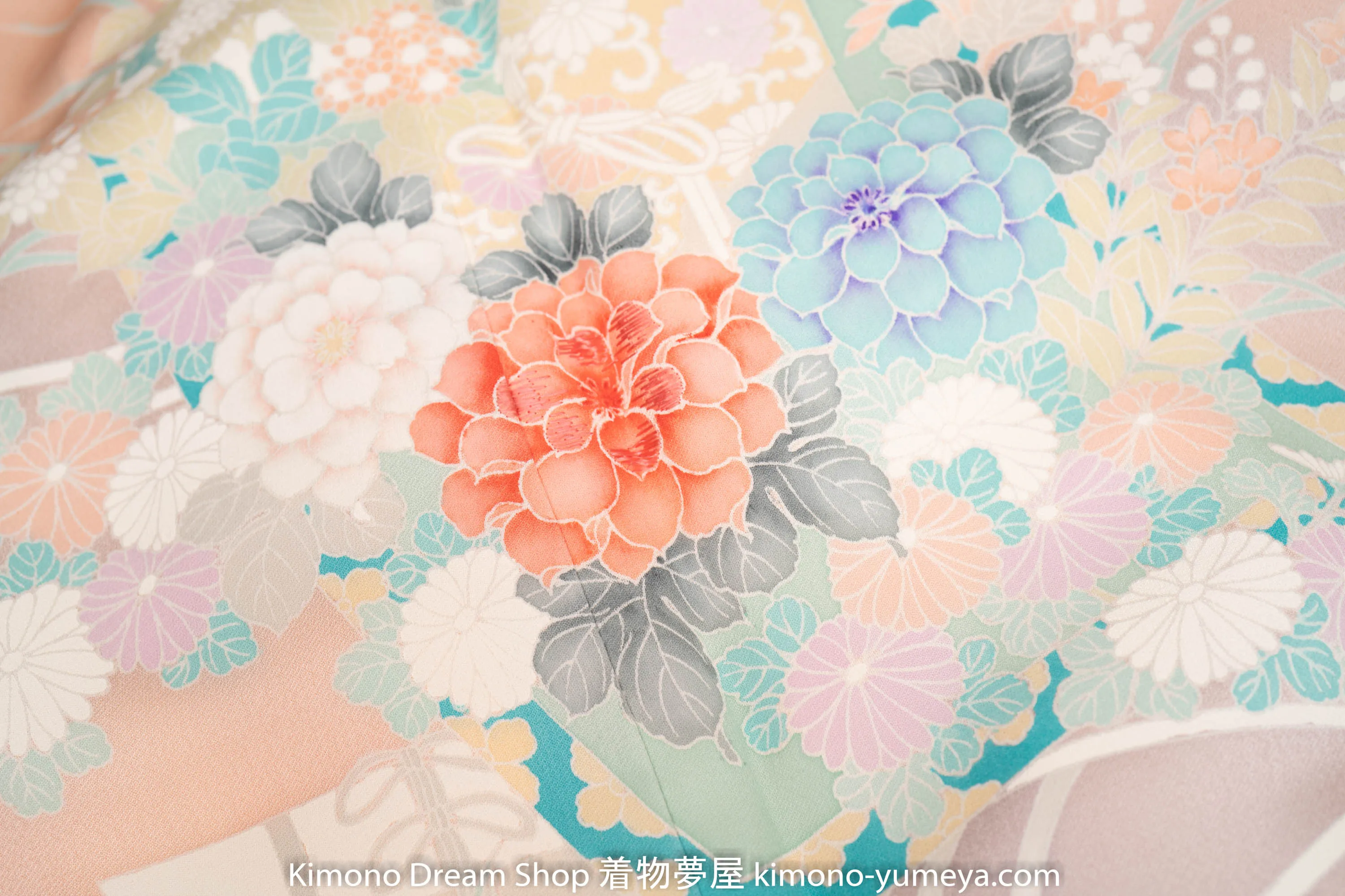 Unique Pink Flowers in Scrolls Yuzen Hand Painted Homongi Silk Flowers Fading Shading Multicolored