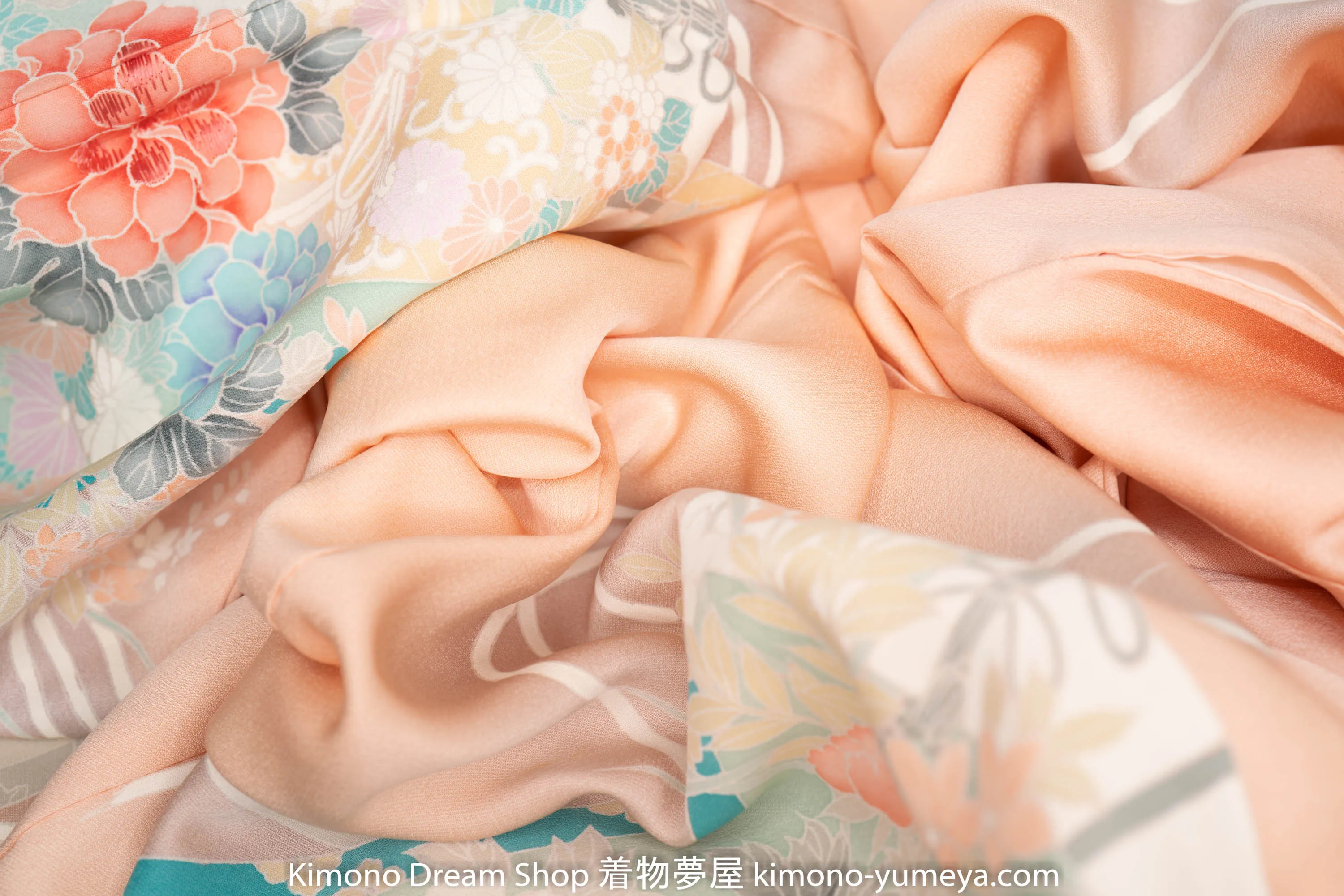 Unique Pink Flowers in Scrolls Yuzen Hand Painted Homongi Silk Flowers Fading Shading Multicolored