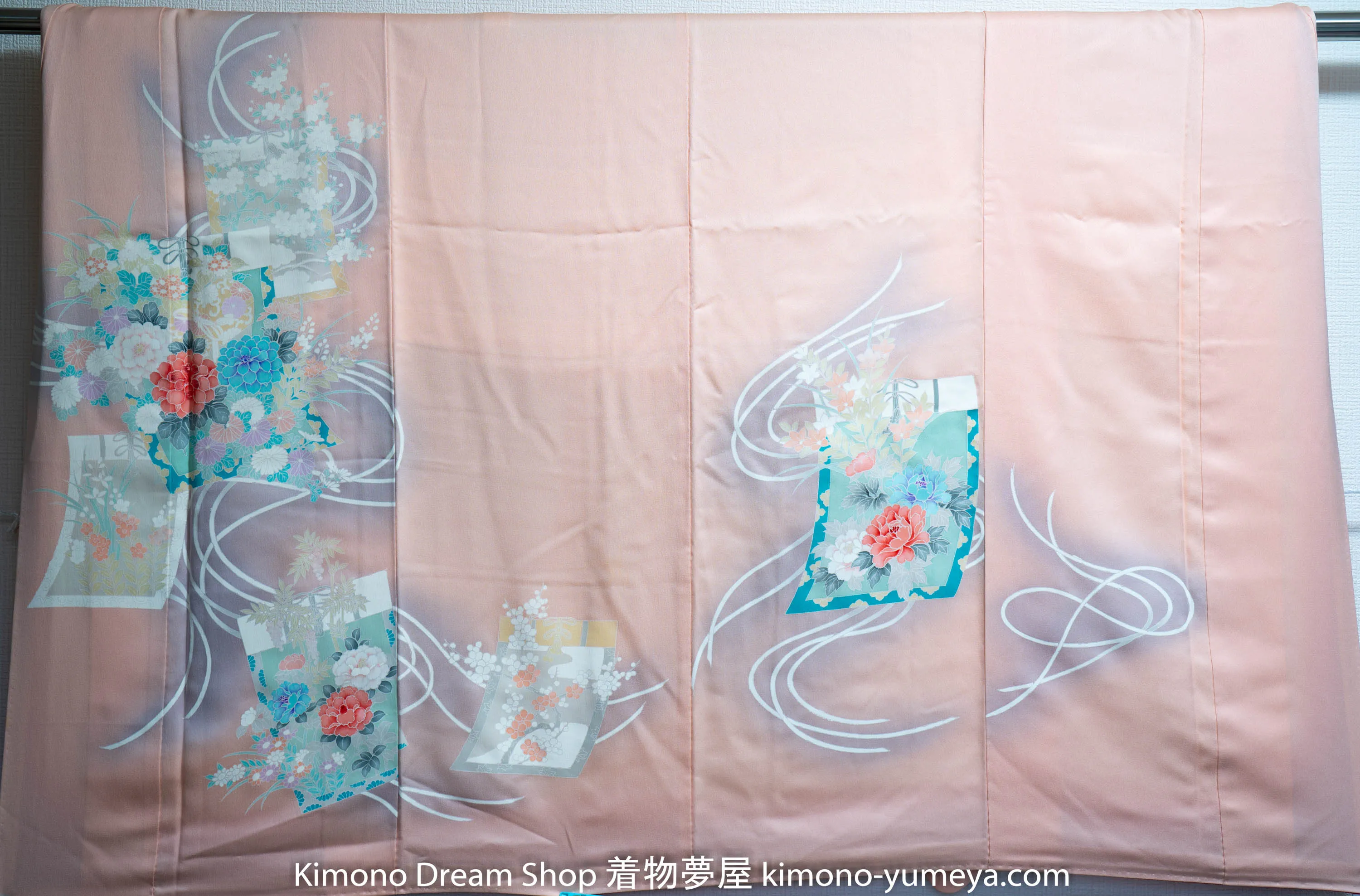 Unique Pink Flowers in Scrolls Yuzen Hand Painted Homongi Silk Flowers Fading Shading Multicolored
