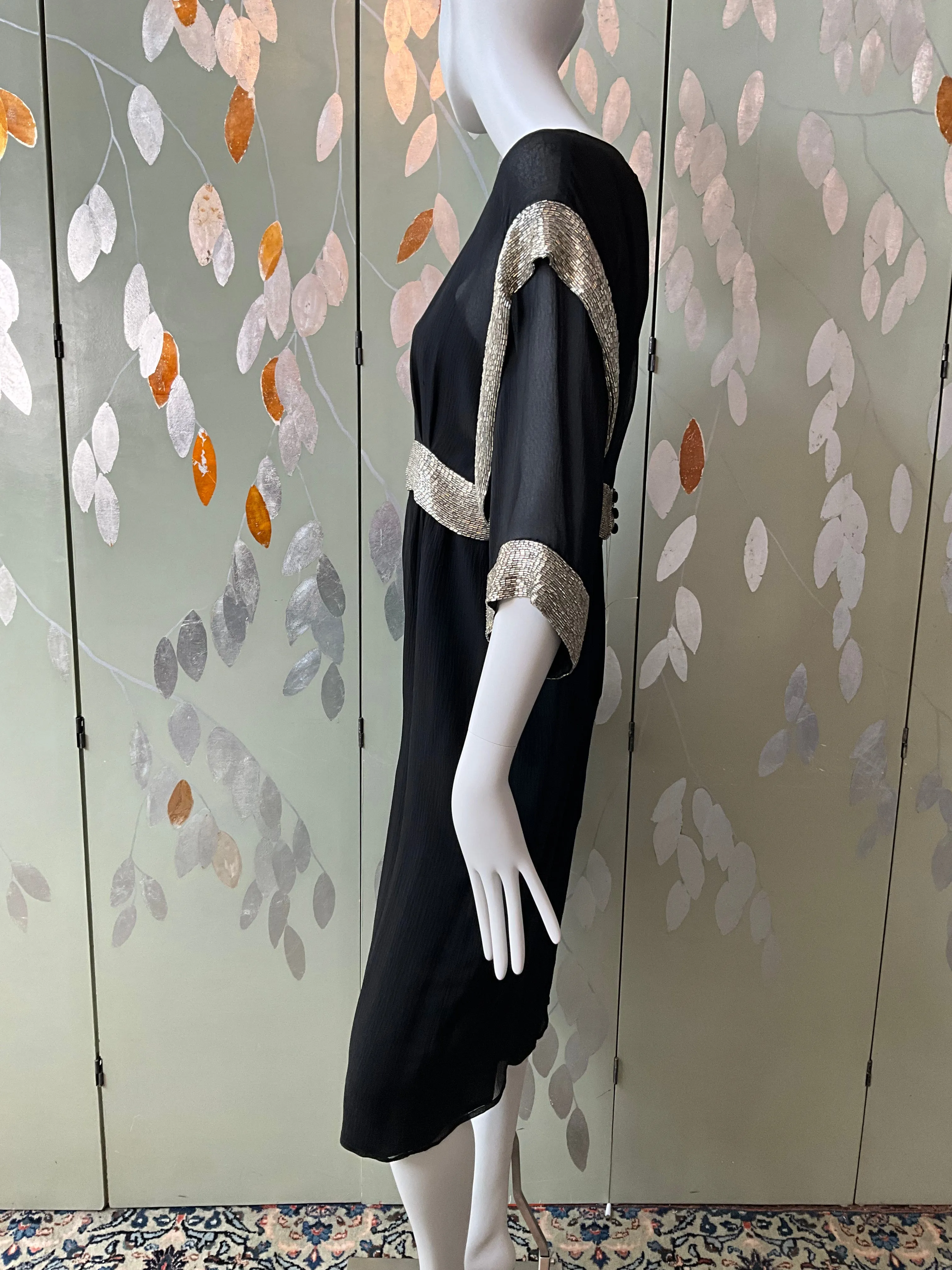 Vintage 1980s Chloé Black Silk Beaded Jacket Top and Dress Set, Medium
