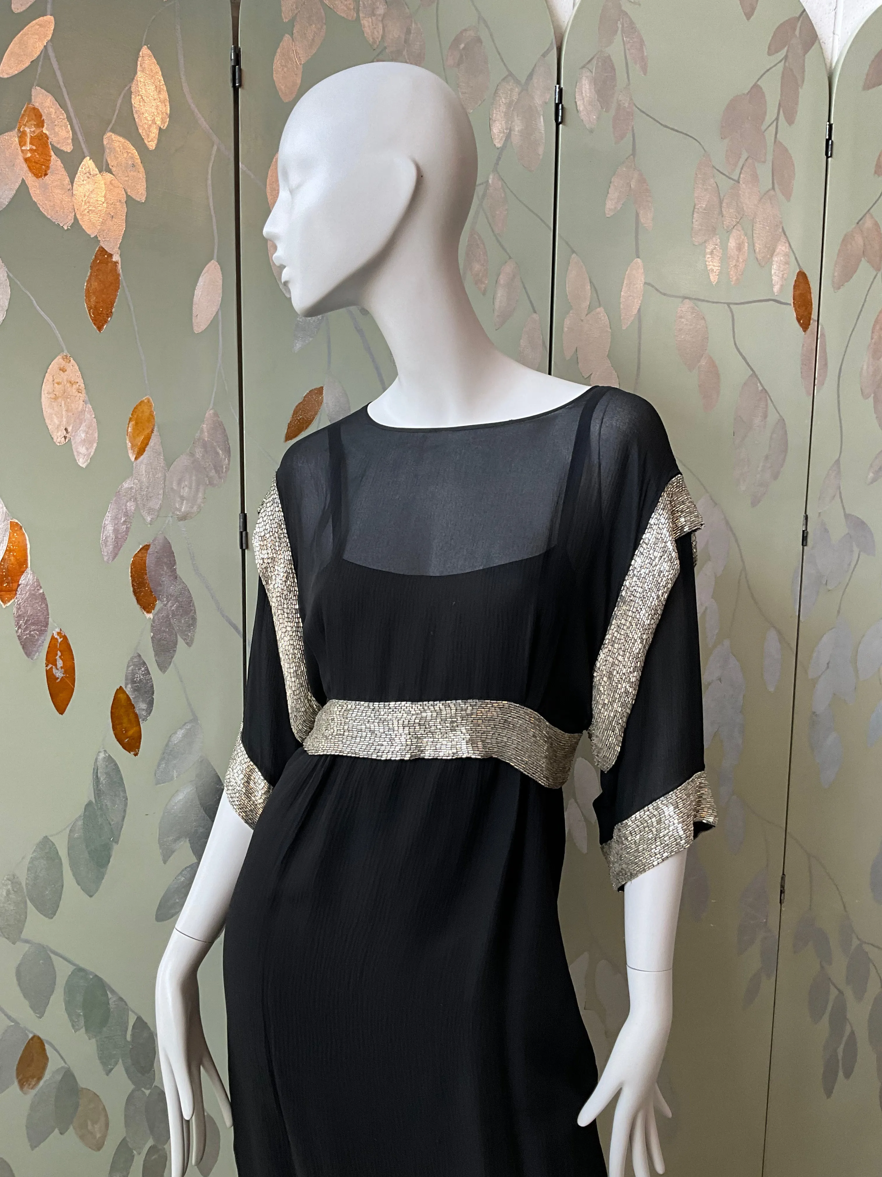Vintage 1980s Chloé Black Silk Beaded Jacket Top and Dress Set, Medium