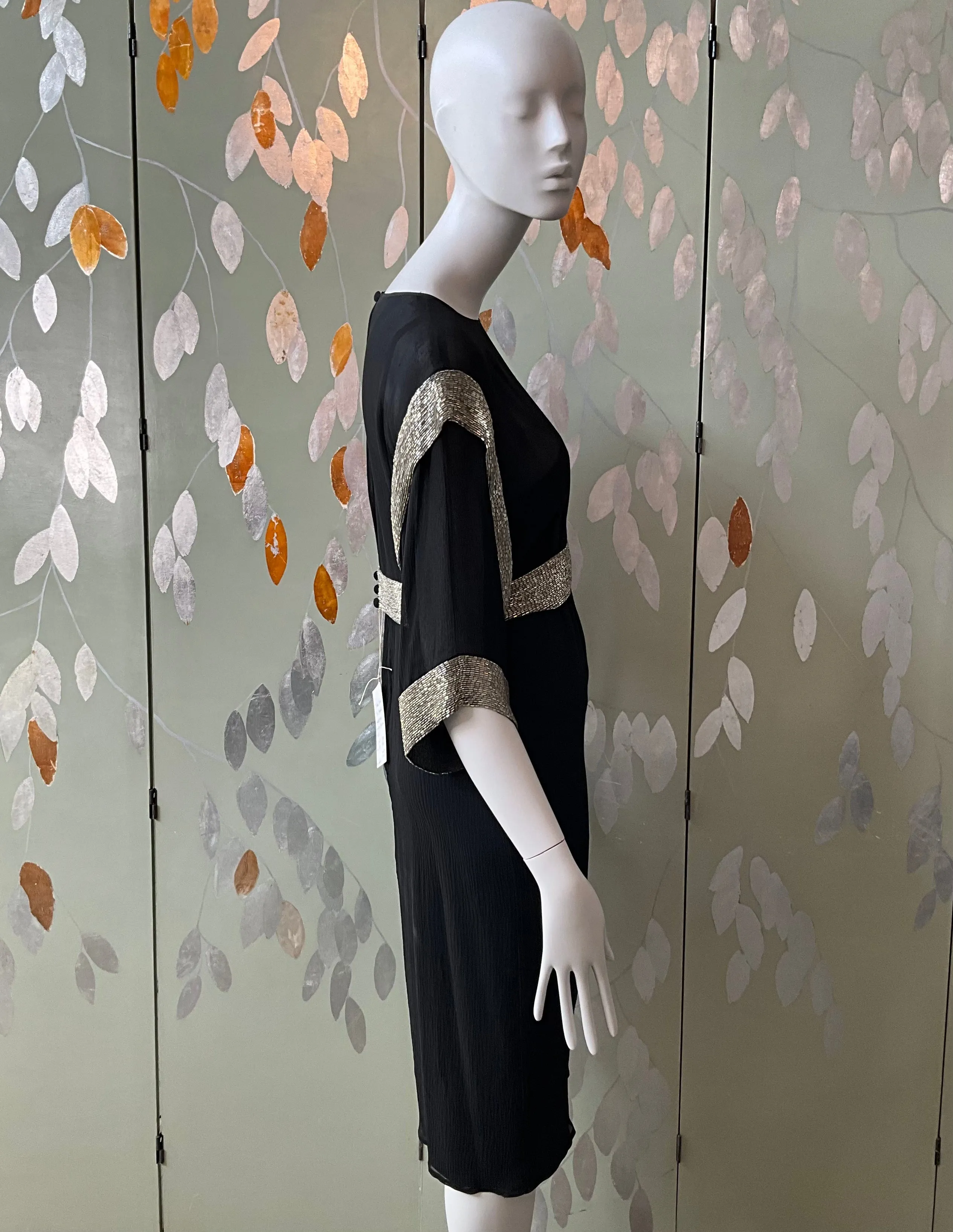 Vintage 1980s Chloé Black Silk Beaded Jacket Top and Dress Set, Medium