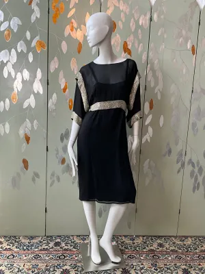 Vintage 1980s Chloé Black Silk Beaded Jacket Top and Dress Set, Medium