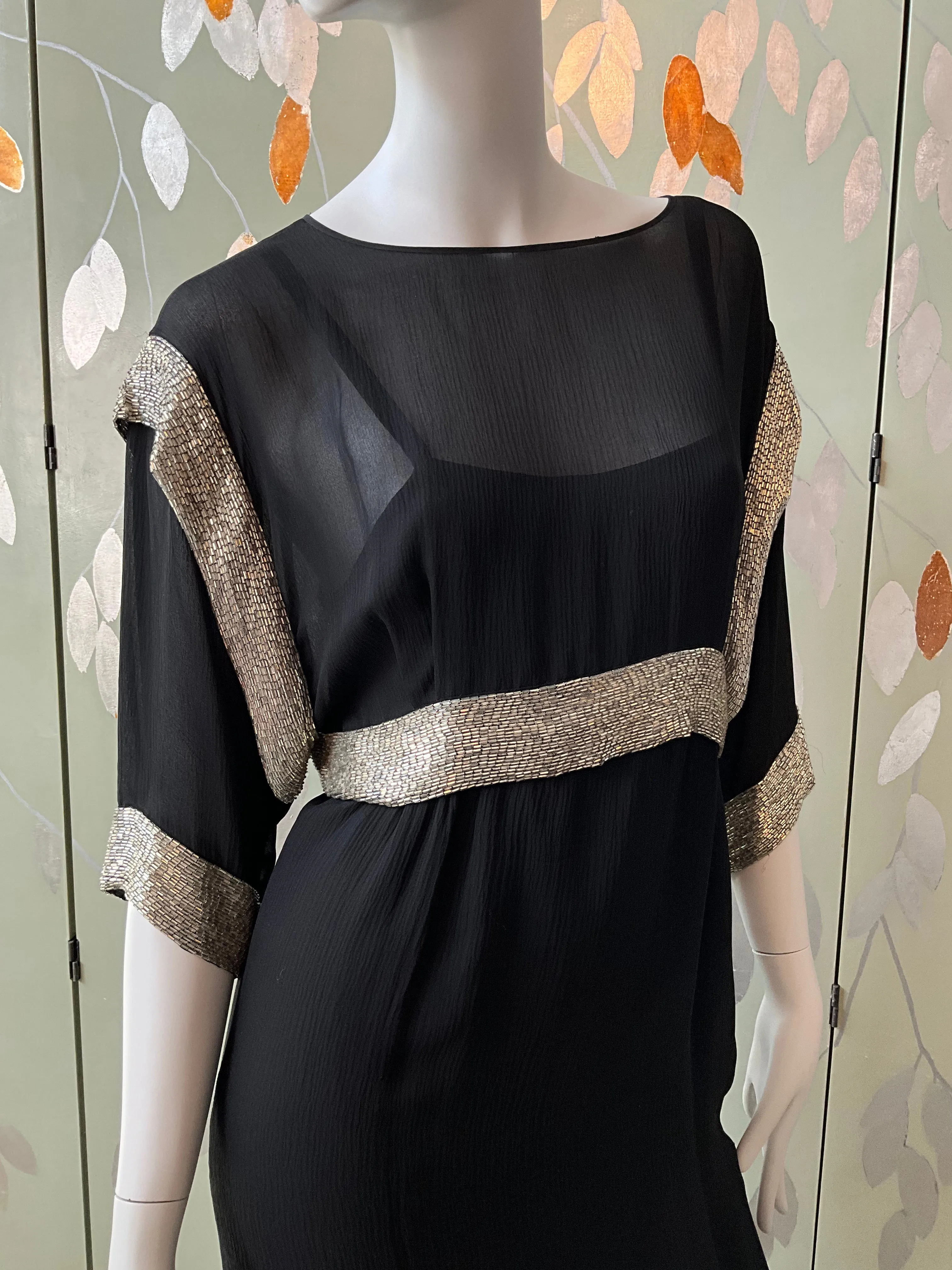 Vintage 1980s Chloé Black Silk Beaded Jacket Top and Dress Set, Medium
