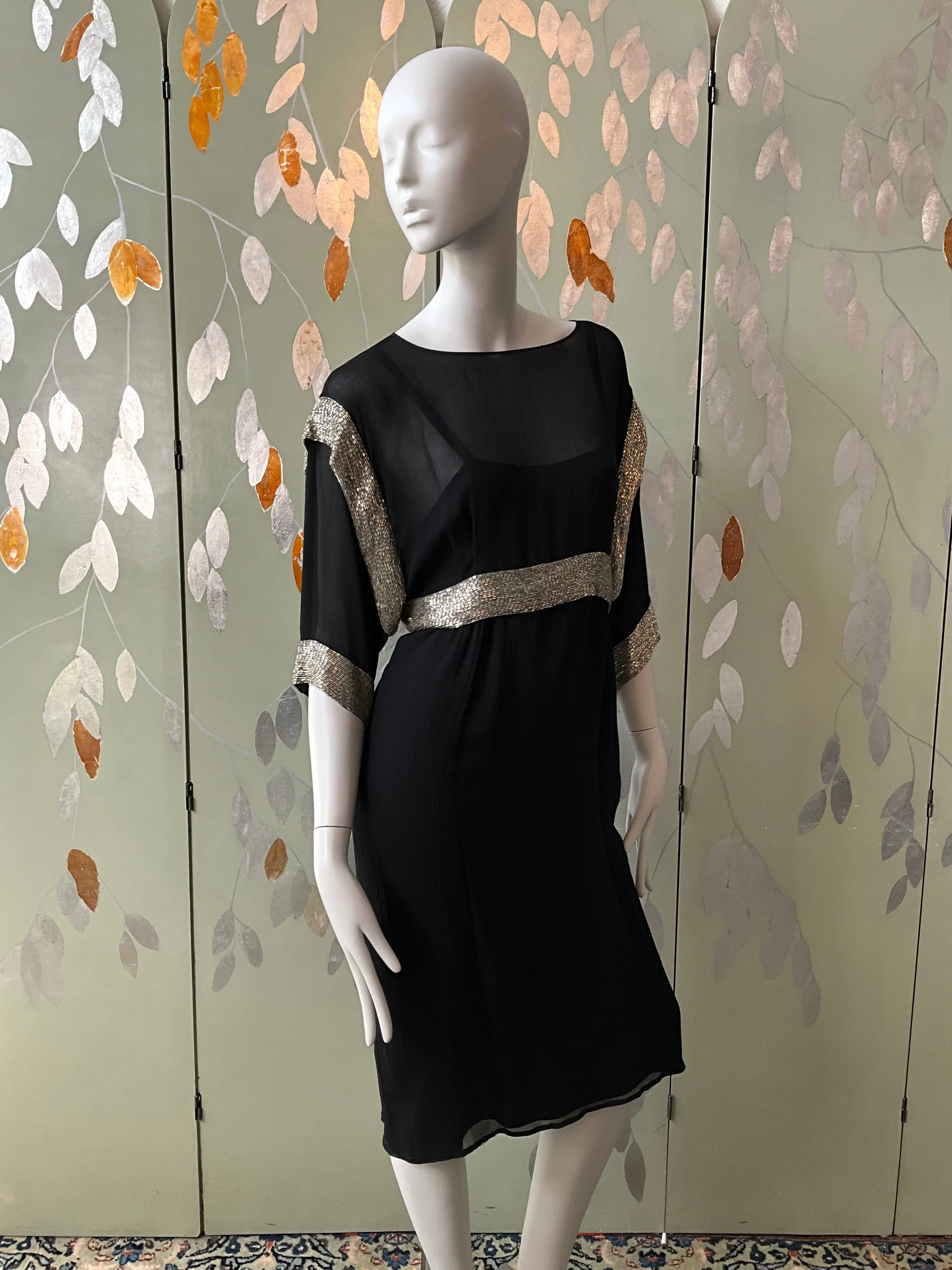 Vintage 1980s Chloé Black Silk Beaded Jacket Top and Dress Set, Medium