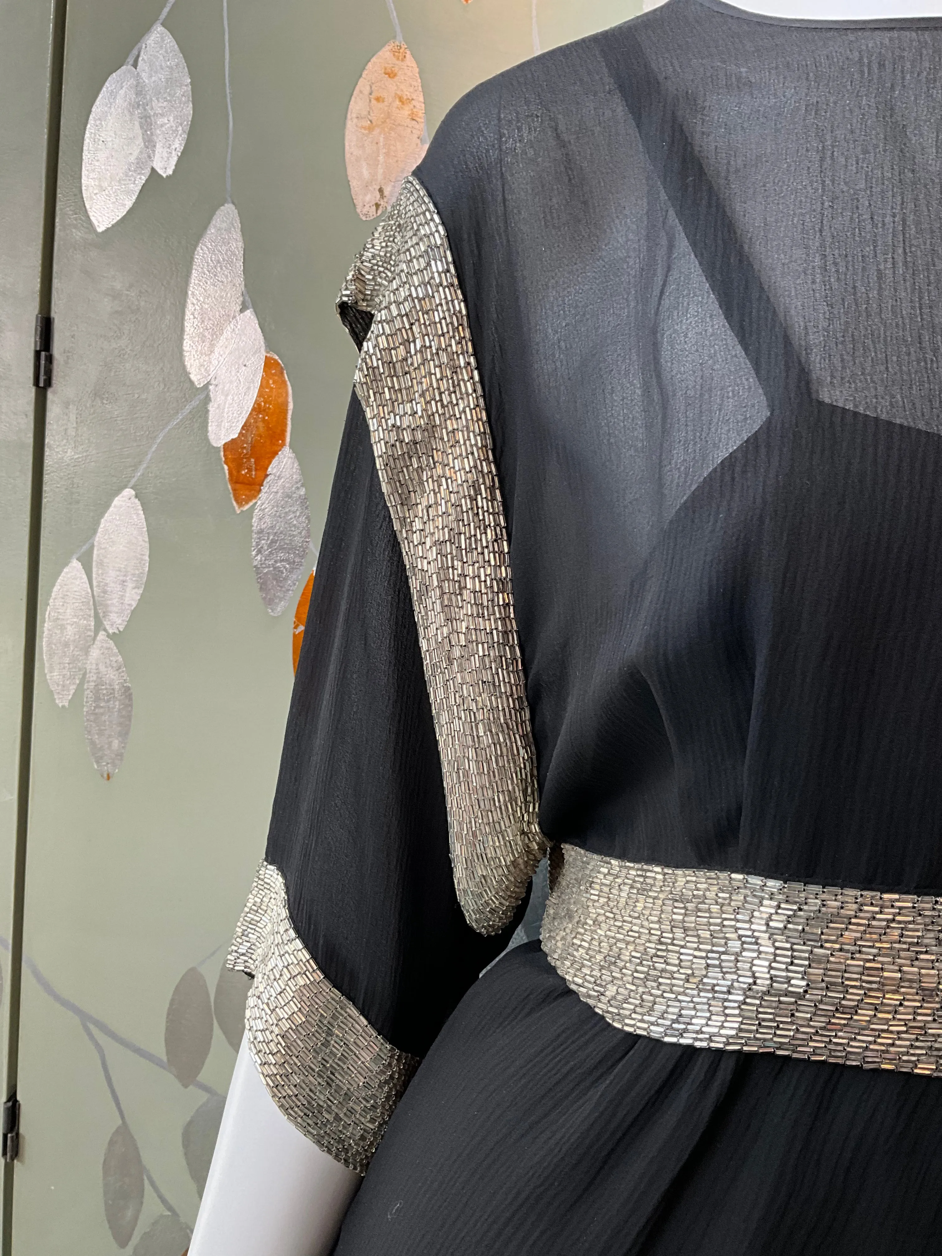 Vintage 1980s Chloé Black Silk Beaded Jacket Top and Dress Set, Medium