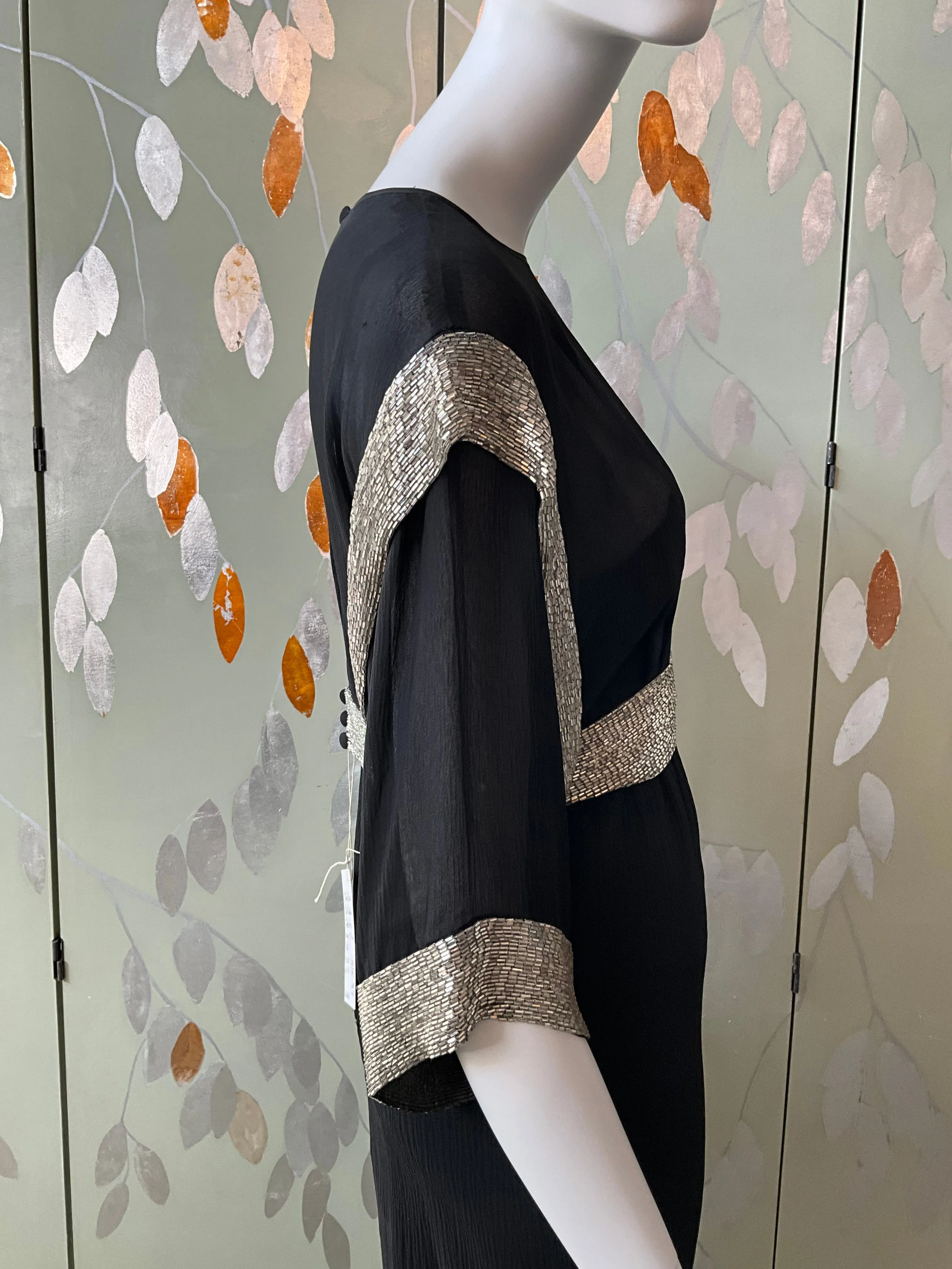 Vintage 1980s Chloé Black Silk Beaded Jacket Top and Dress Set, Medium