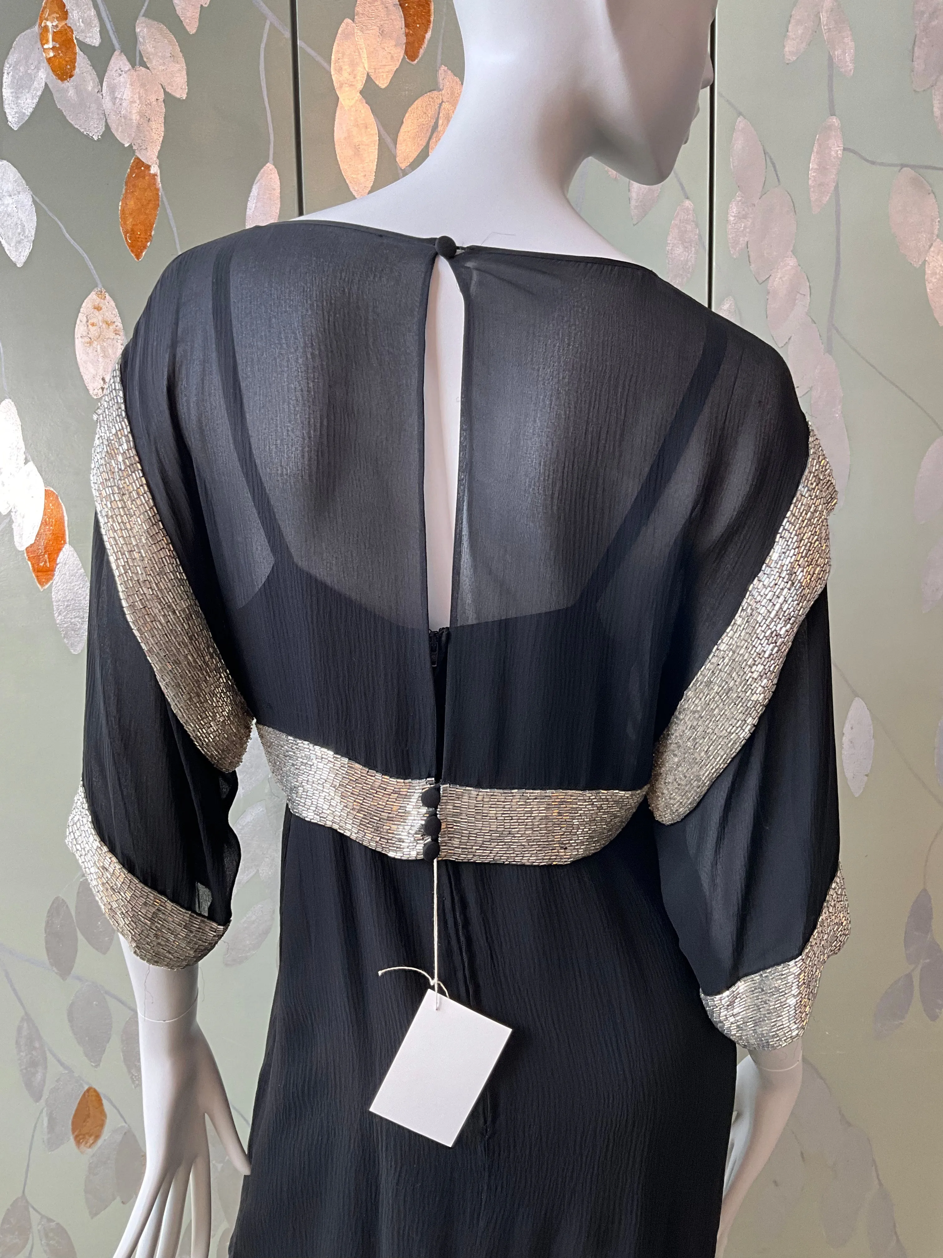 Vintage 1980s Chloé Black Silk Beaded Jacket Top and Dress Set, Medium