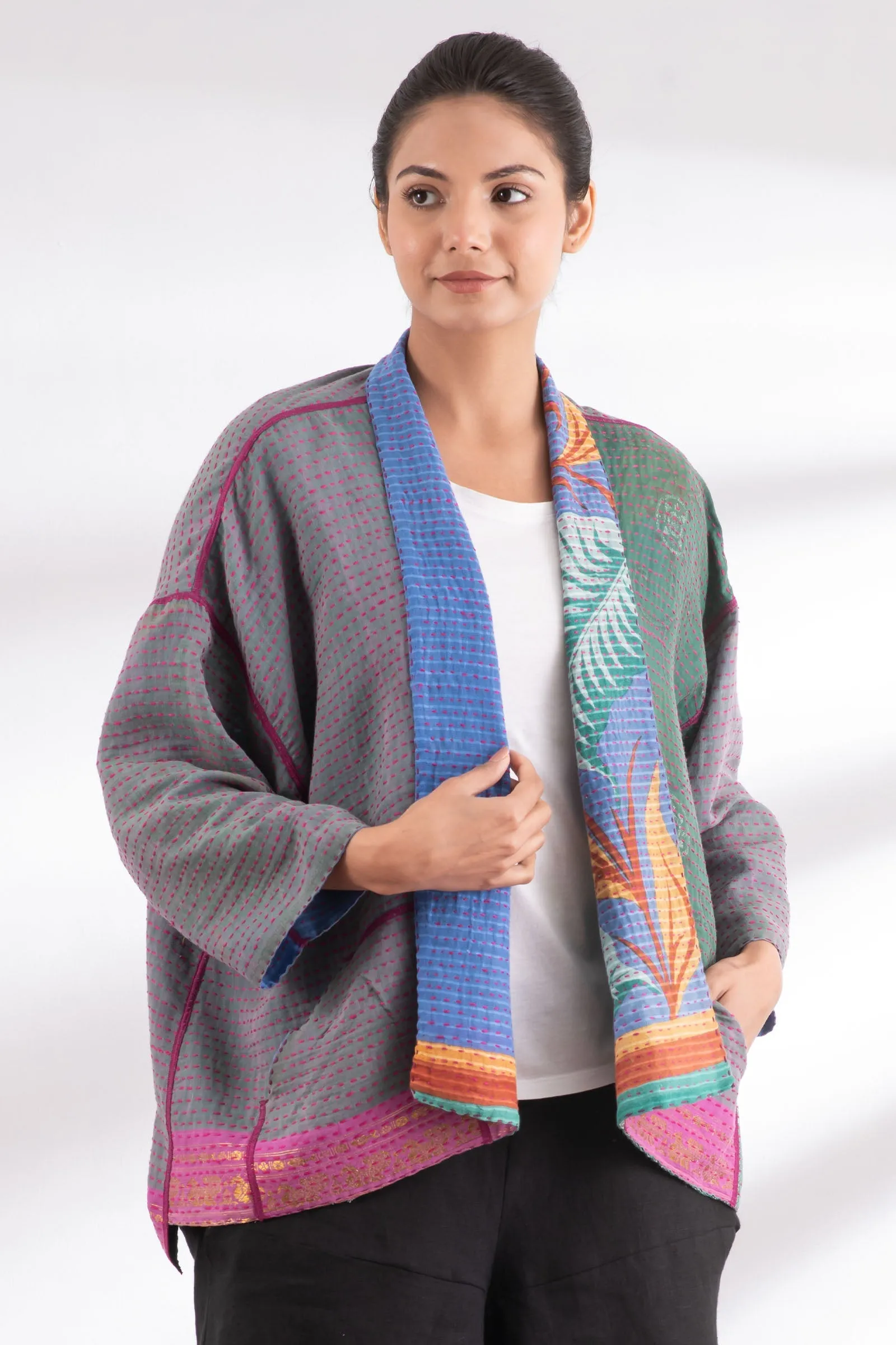 VINTAGE COTTON BBK KANTHA MINI KIMONO JACKET - bb2055-0006a -