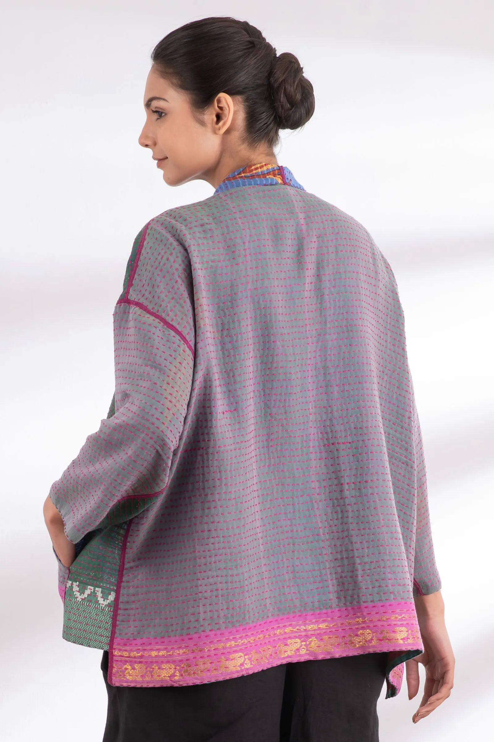 VINTAGE COTTON BBK KANTHA MINI KIMONO JACKET - bb2055-0006a -