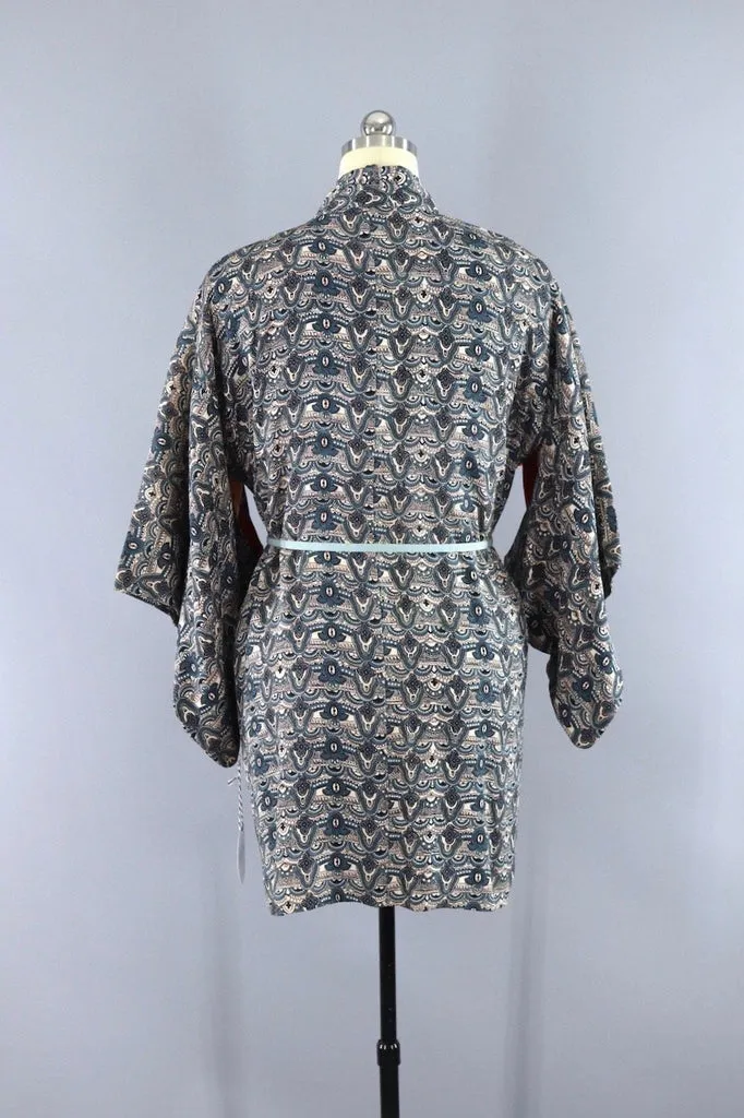 Vintage Silk Kimono Cardigan Jacket - Blue and Black Print