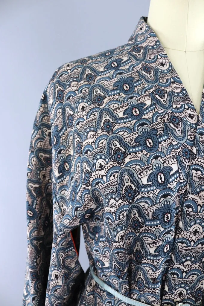 Vintage Silk Kimono Cardigan Jacket - Blue and Black Print