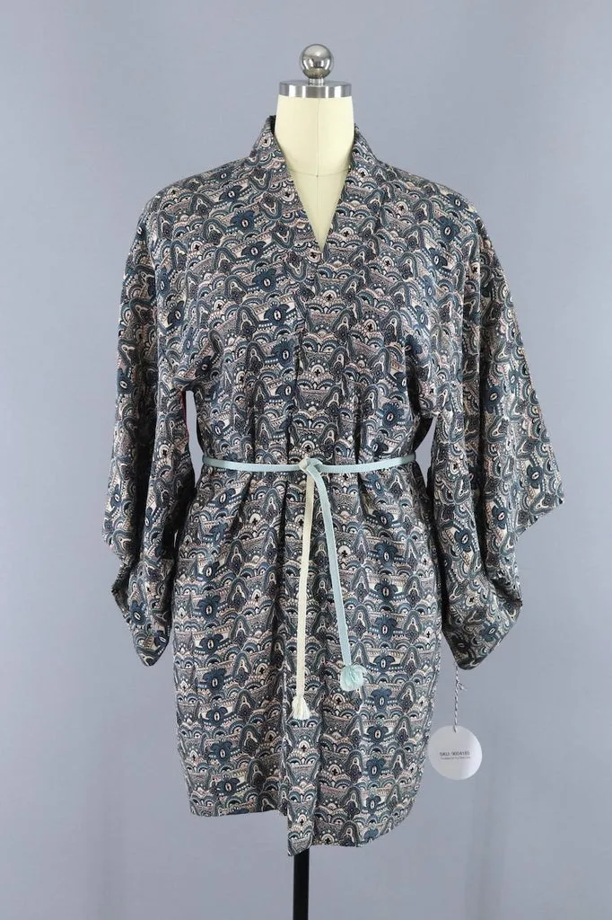Vintage Silk Kimono Cardigan Jacket - Blue and Black Print