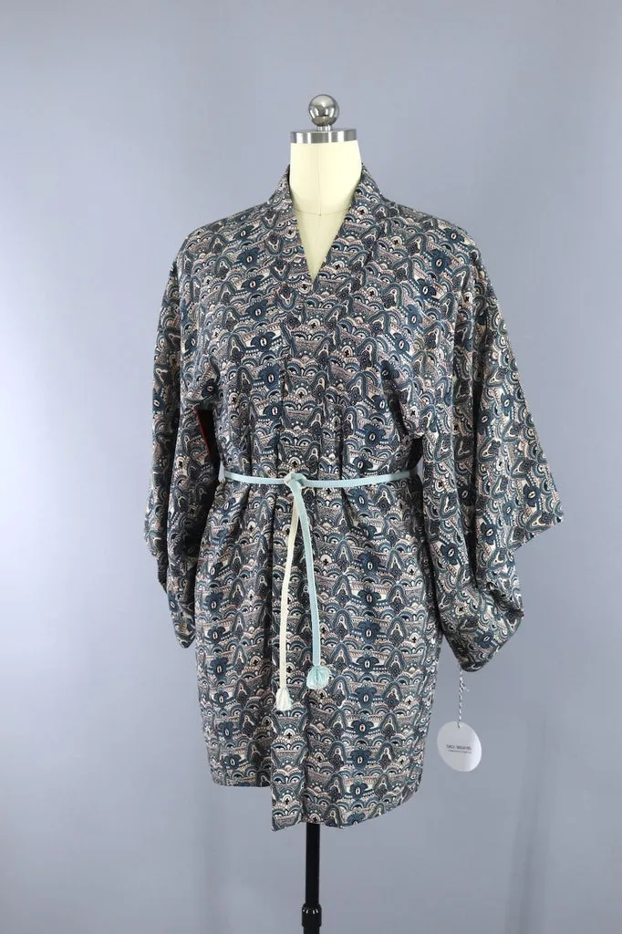 Vintage Silk Kimono Cardigan Jacket - Blue and Black Print