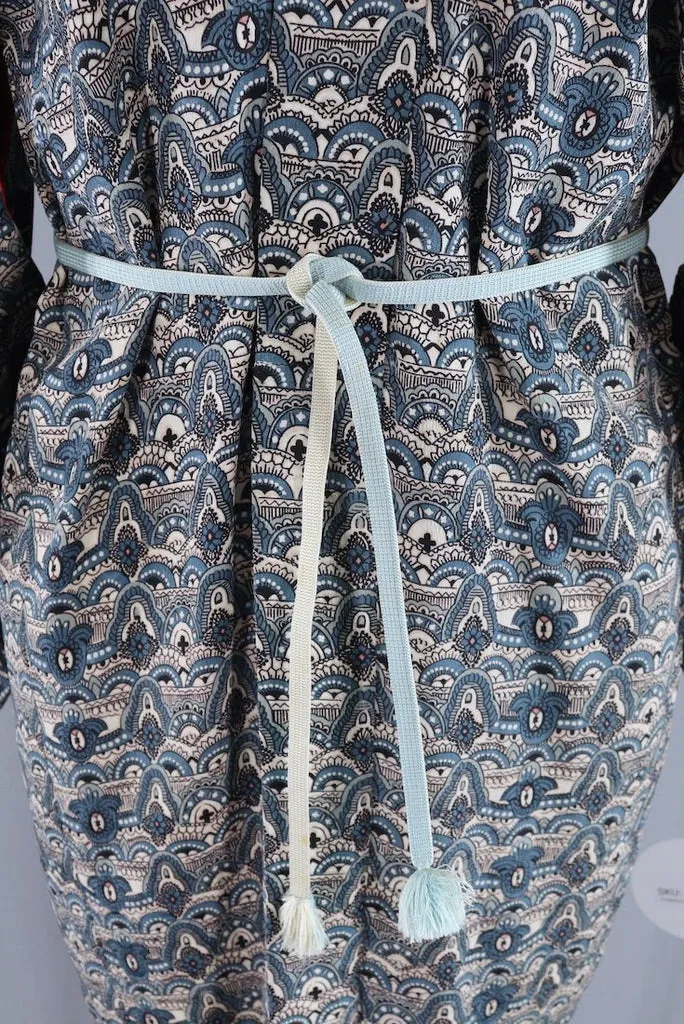 Vintage Silk Kimono Cardigan Jacket - Blue and Black Print