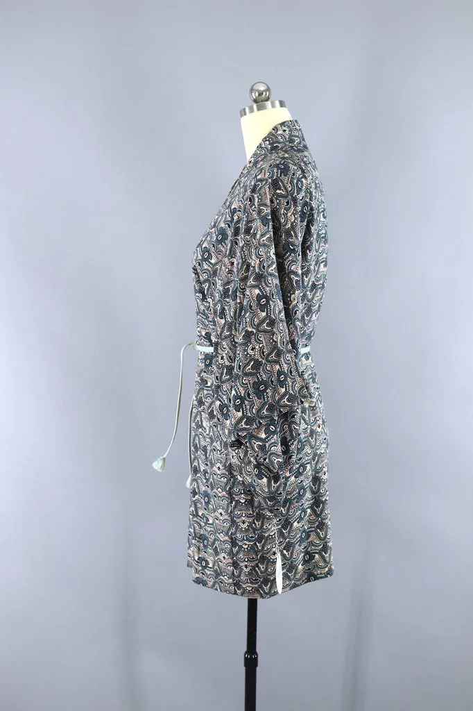 Vintage Silk Kimono Cardigan Jacket - Blue and Black Print