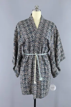 Vintage Silk Kimono Cardigan Jacket - Blue and Black Print