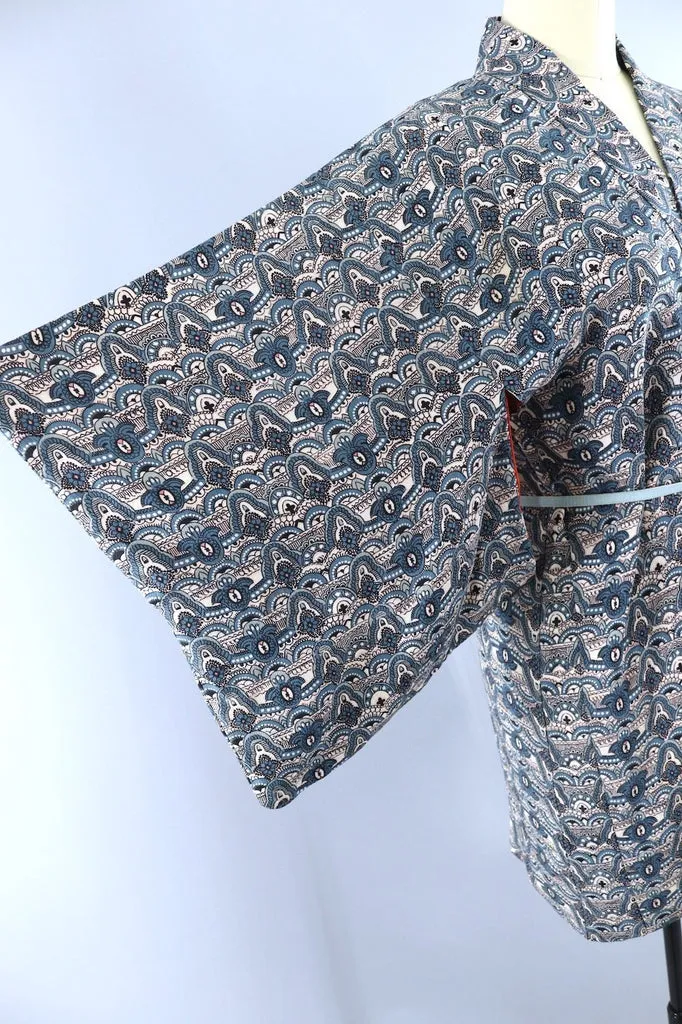 Vintage Silk Kimono Cardigan Jacket - Blue and Black Print