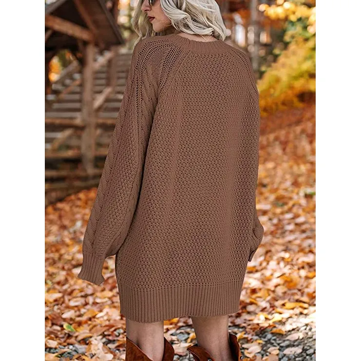 Women Crewneck Long Sleeve Oversized Cable Knit Chunky Pullover Short Sweater Dresses