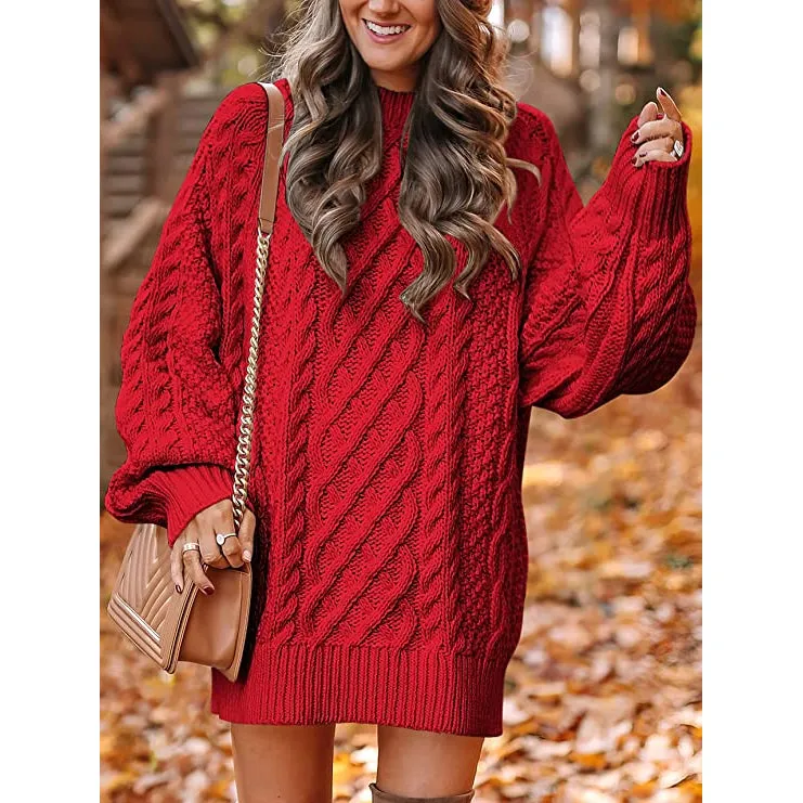 Women Crewneck Long Sleeve Oversized Cable Knit Chunky Pullover Short Sweater Dresses