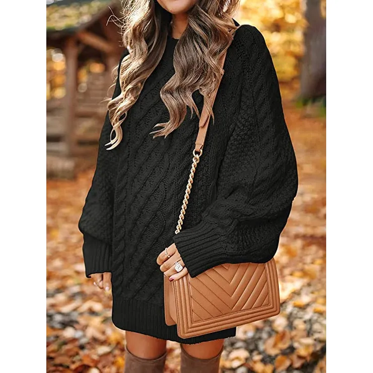 Women Crewneck Long Sleeve Oversized Cable Knit Chunky Pullover Short Sweater Dresses