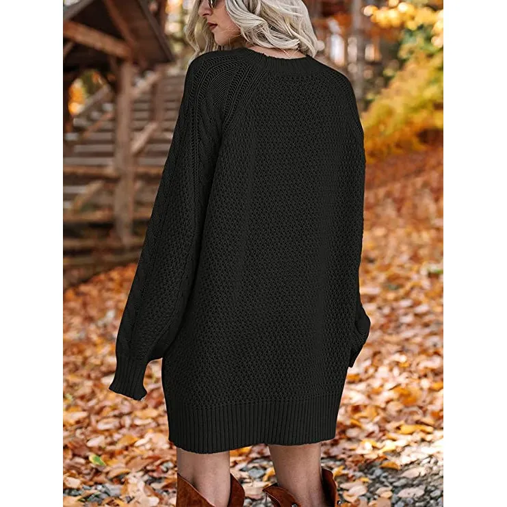 Women Crewneck Long Sleeve Oversized Cable Knit Chunky Pullover Short Sweater Dresses