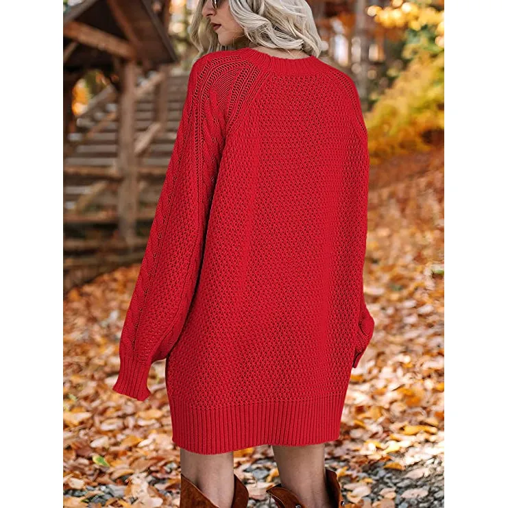 Women Crewneck Long Sleeve Oversized Cable Knit Chunky Pullover Short Sweater Dresses
