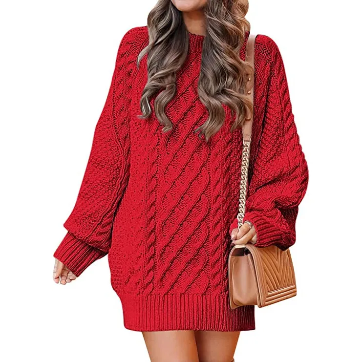 Women Crewneck Long Sleeve Oversized Cable Knit Chunky Pullover Short Sweater Dresses