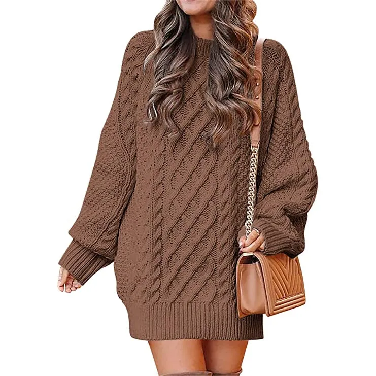 Women Crewneck Long Sleeve Oversized Cable Knit Chunky Pullover Short Sweater Dresses
