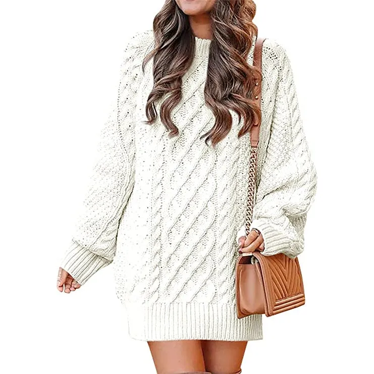 Women Crewneck Long Sleeve Oversized Cable Knit Chunky Pullover Short Sweater Dresses