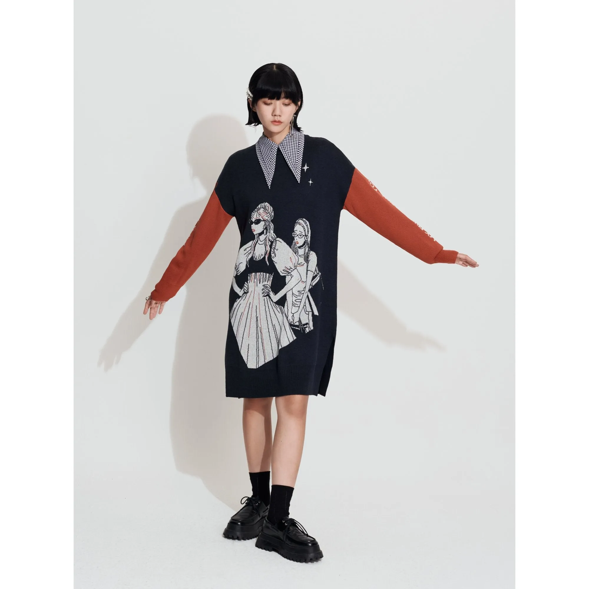 Women Jacquard Graphic Sweater Dress - Charcoal