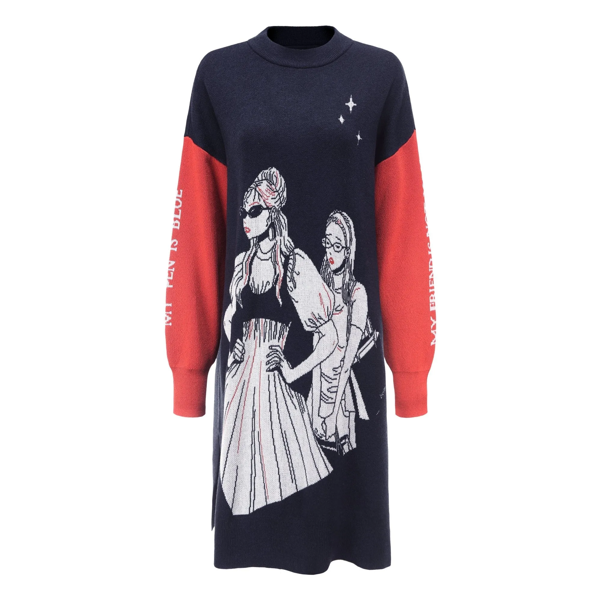 Women Jacquard Graphic Sweater Dress - Charcoal