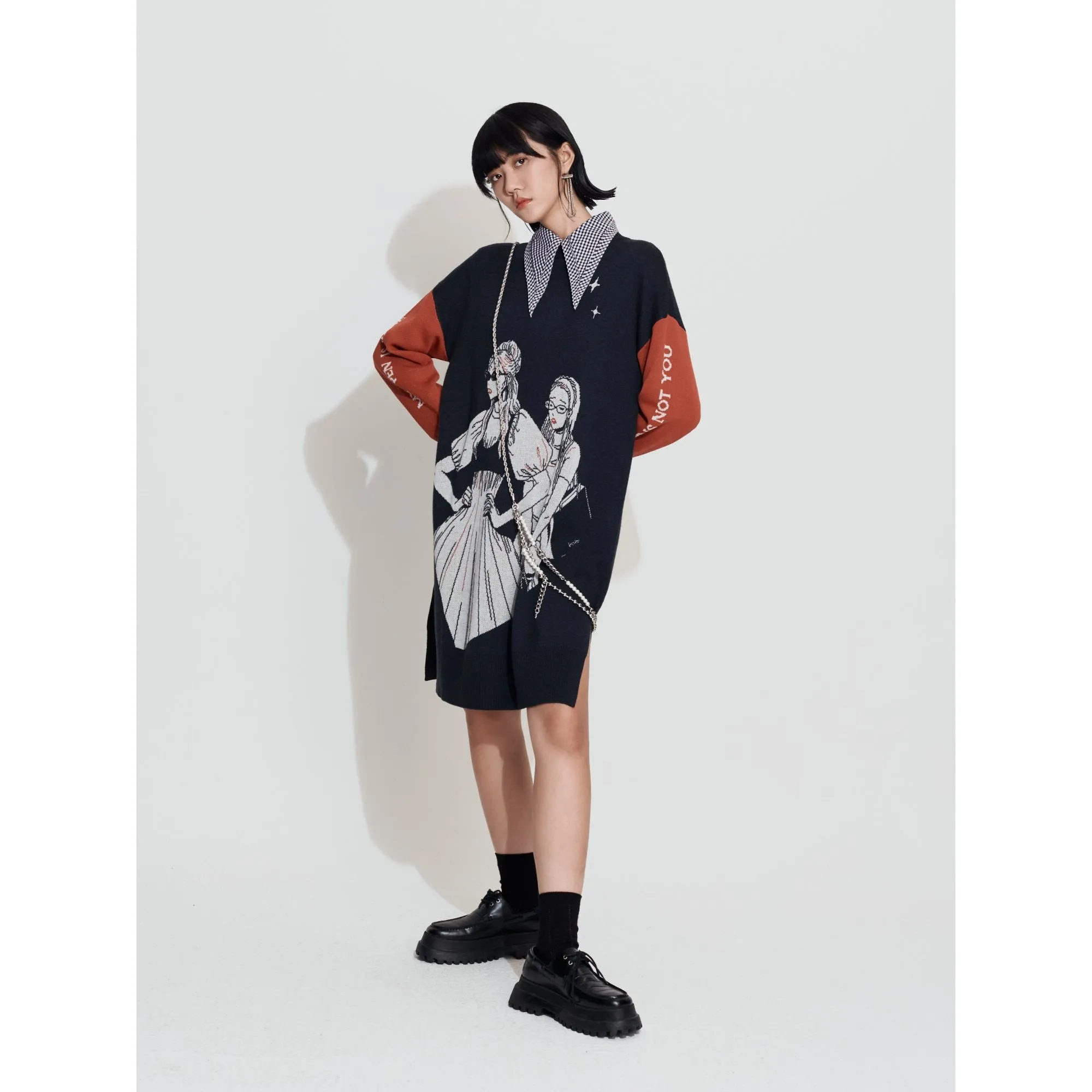 Women Jacquard Graphic Sweater Dress - Charcoal